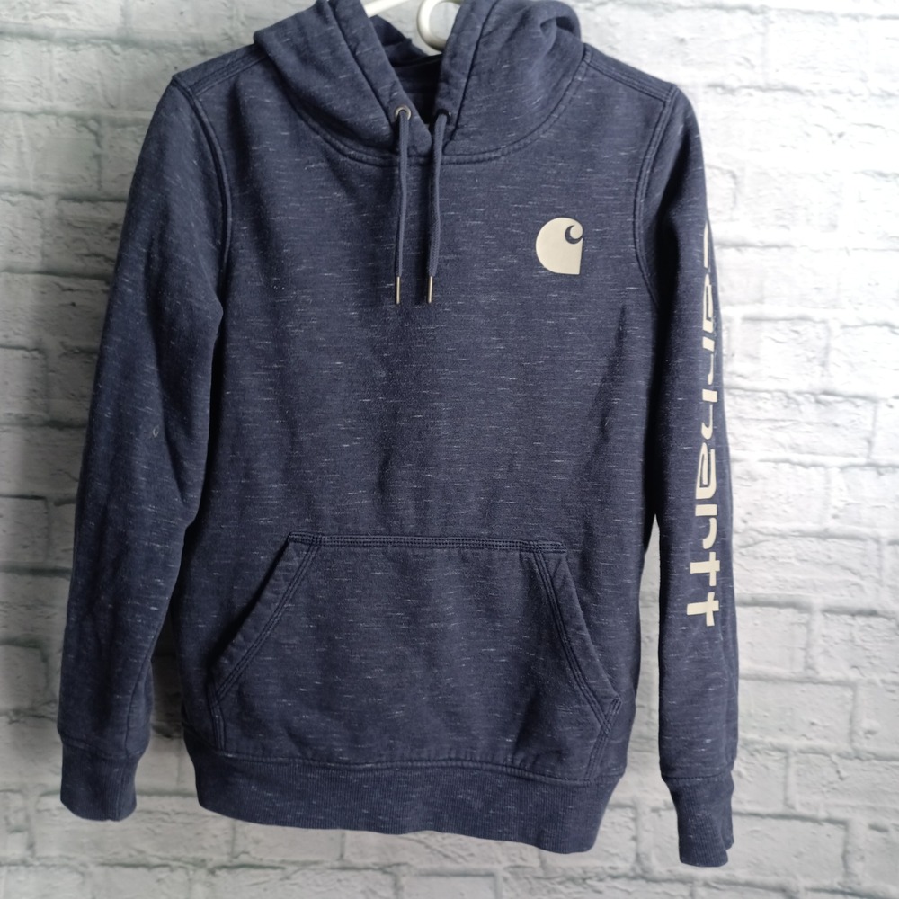 Carhartt Relaxed Fit Hoodie Navy Blue Heather Logo Sleeve Sweatshirt Small 4/6